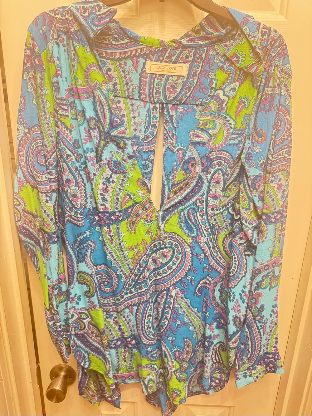 Lucy Love Medium Blue Paisley Keyhole Blouse